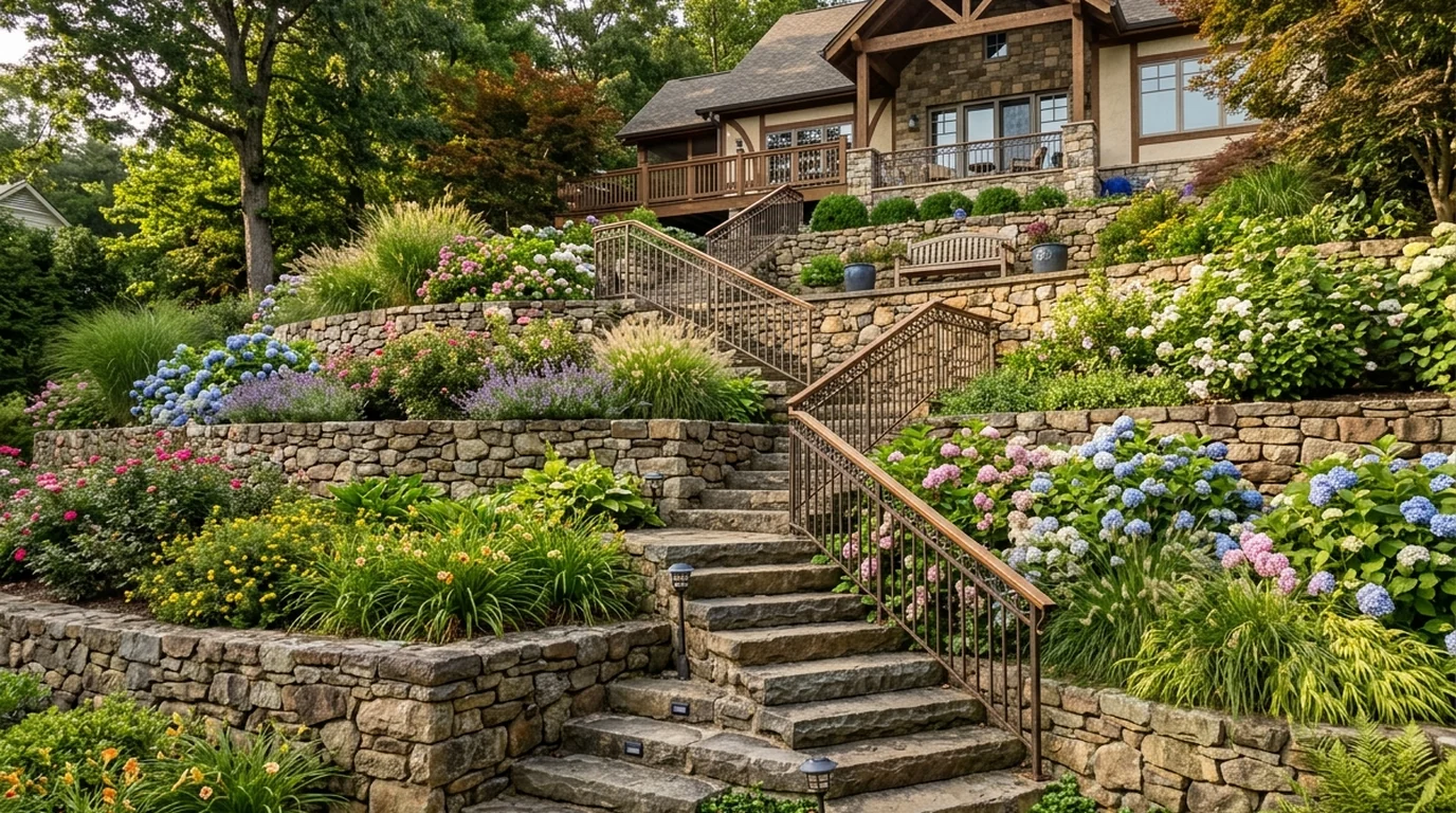 Terraced hillside fire pit patio carved into a sloped backyard with a curved retaining wall and integrated steps