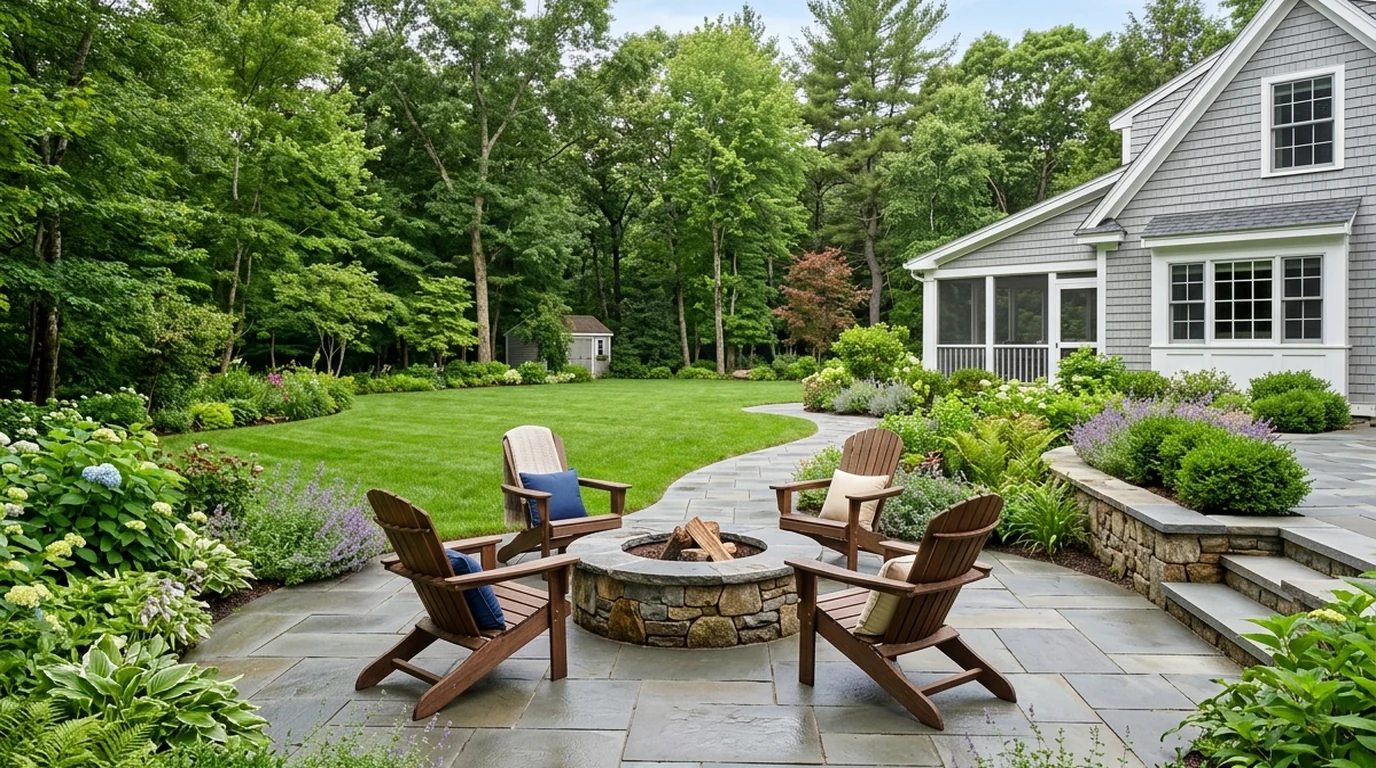 Compact bluestone patio corner fire pit nestled into suburban yard with upright arborvitae and space-saving furniture