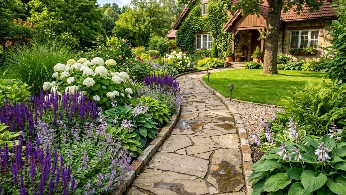 Small front yard pocket flower bed with disciplined color palette, dwarf shrubs, and crisp vertical accents