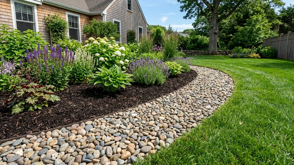 Intimate small-yard xeriscape with compact flowering shrubs, dwarf ornamental grasses, clean stone patio, and zero high-water turf