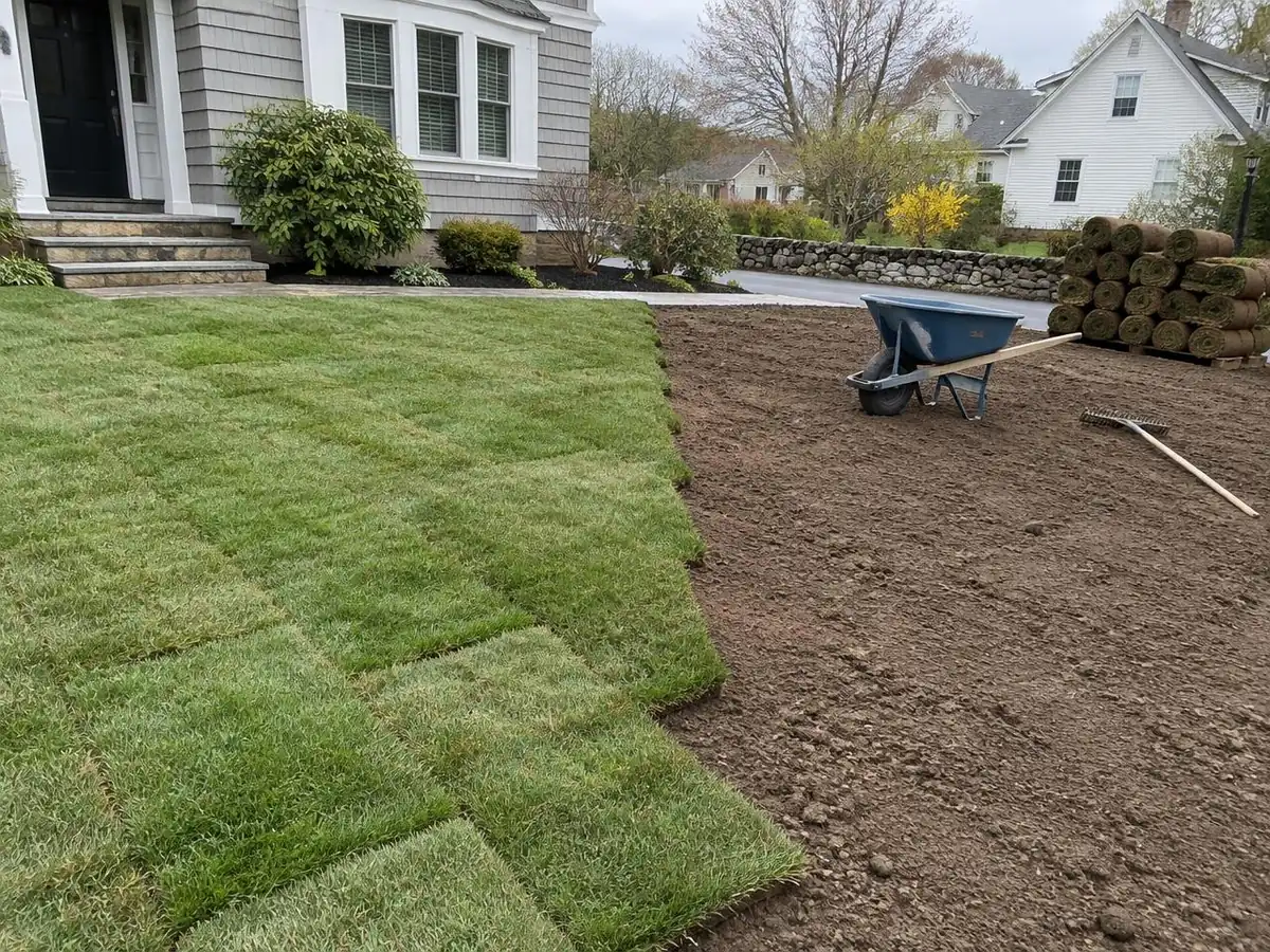 Freshly laid rolls of cool-season sod on a graded loam base in a residential front yard