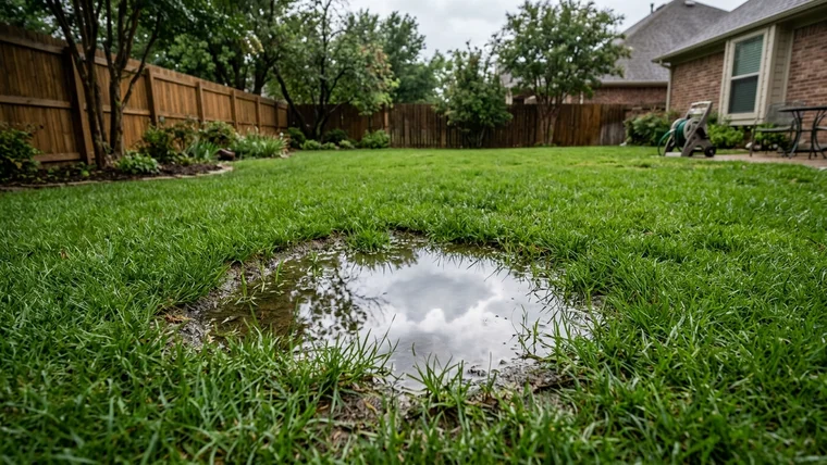 Puddle of standing rainwater pooled in a low spot on a residential lawn