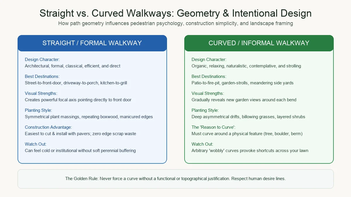 Comparison diagram between straight formal walkways and curved naturalistic walkways
