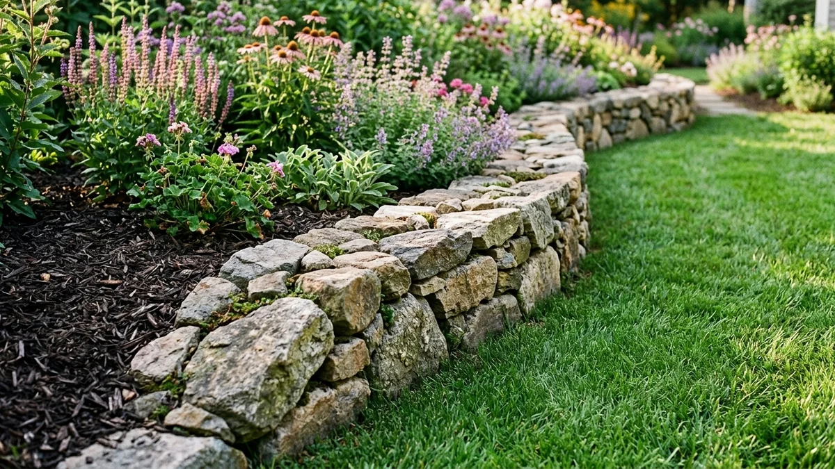 Traditional residential landscape featuring natural fieldstone borders, lush flower beds, and manicured lawn