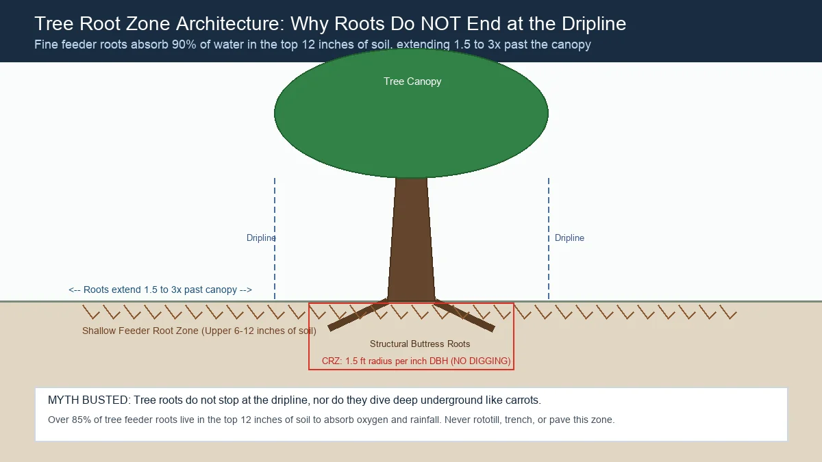 Educational cross-section diagram showing the structural root plate, critical root zone (CRZ), and wide feeder root spread extending beyond the dripline