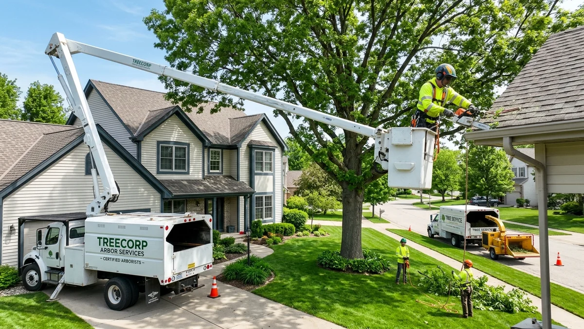 Professional certified arborist crew safely trimming mature tree canopy near residential roofline using aerial bucket truck