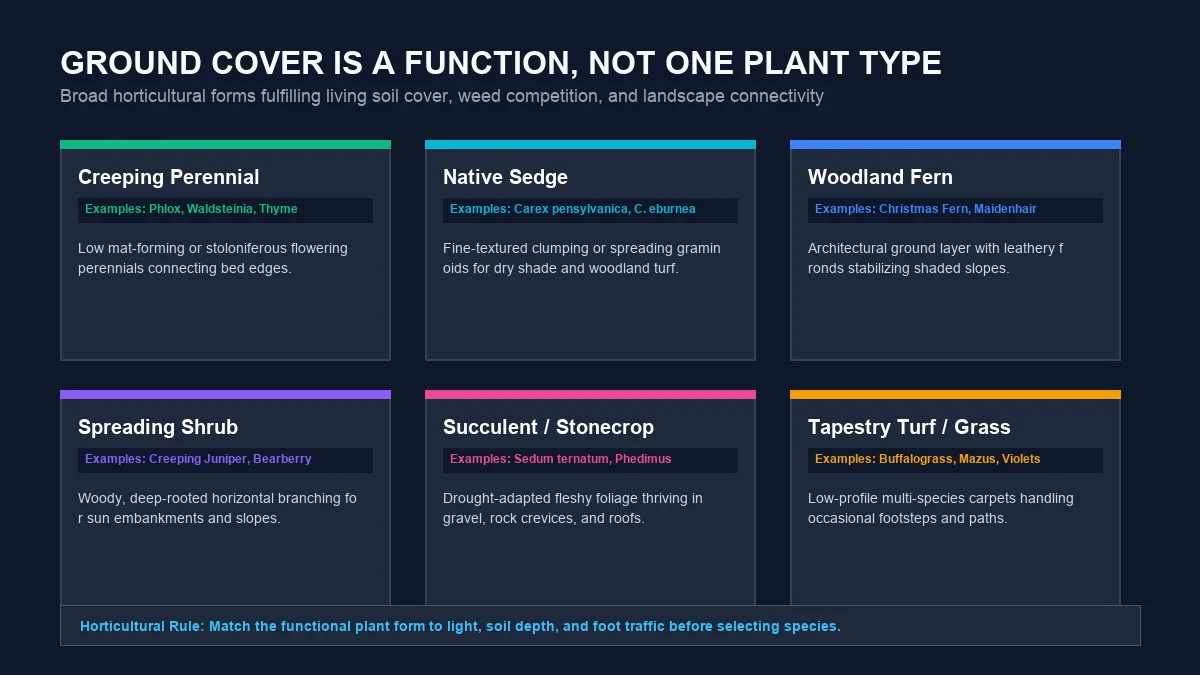 Horticultural diagram illustrating diverse functional groundcover forms: creeping perennials, sedges, woodland ferns, spreading shrubs, succulents, and tapestry turf