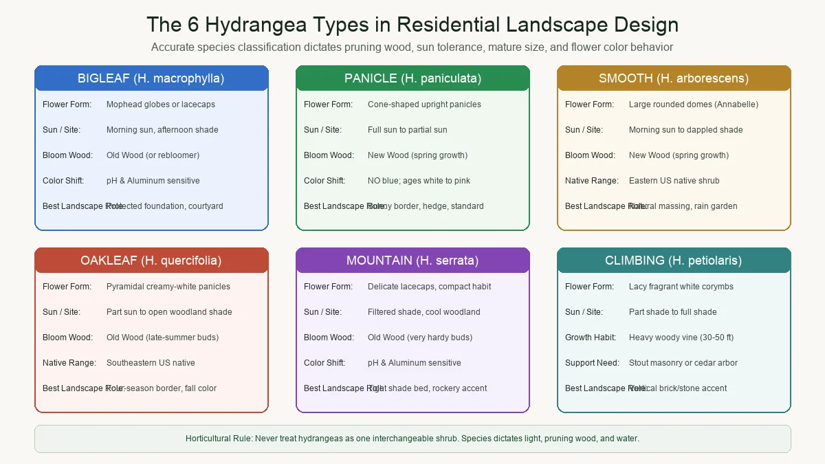 Horticultural comparison diagram detailing the six hydrangea types in residential landscaping: Bigleaf, Panicle, Smooth, Oakleaf, Mountain, and Climbing