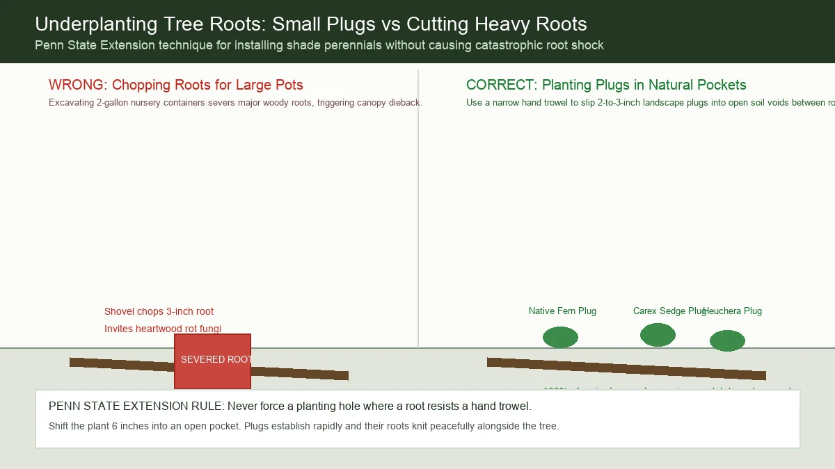 Cross section diagram illustrating safe underplanting pocket technique installing small plugs in natural root gaps