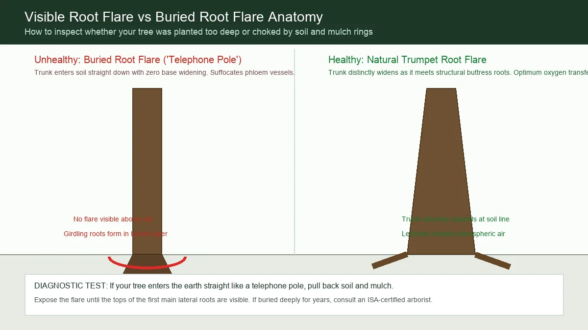 Educational diagram comparing a healthy visible tree root flare tapering outward with a dangerously buried telephone-pole trunk