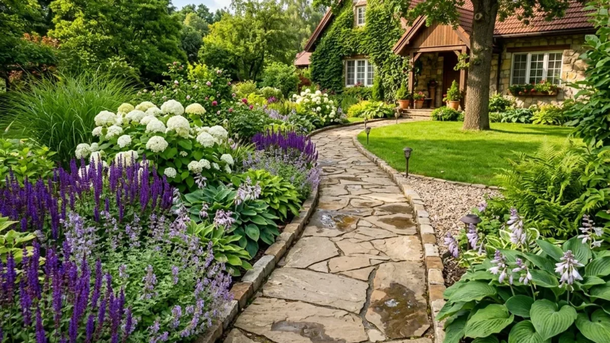 Beautiful residential front walkway landscaped with low creeping border plants, layered flowering perennials, and a wide clear stone walking surface
