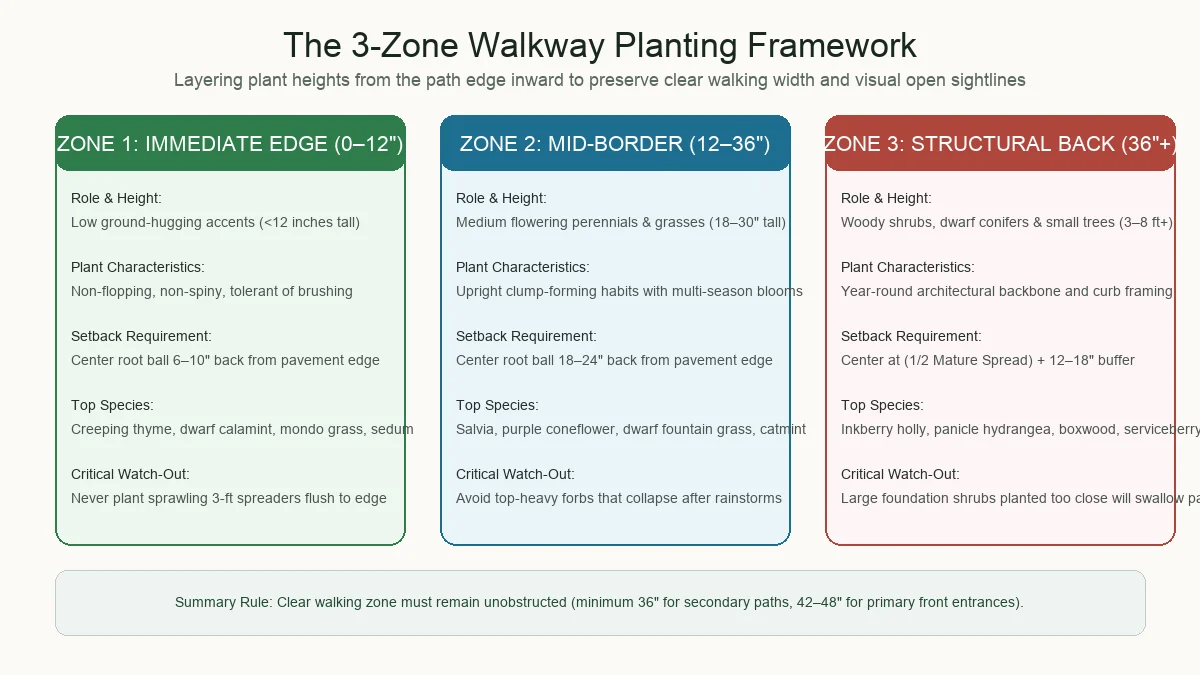 Diagram illustrating the 3-Zone Walkway Planting Framework: Zone 1 immediate edge, Zone 2 mid-border, Zone 3 structural back
