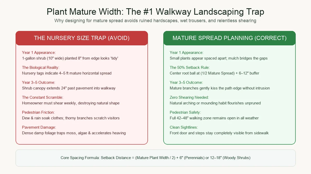 Split comparison diagram illustrating the nursery size trap versus mature spread planning for walkway edges