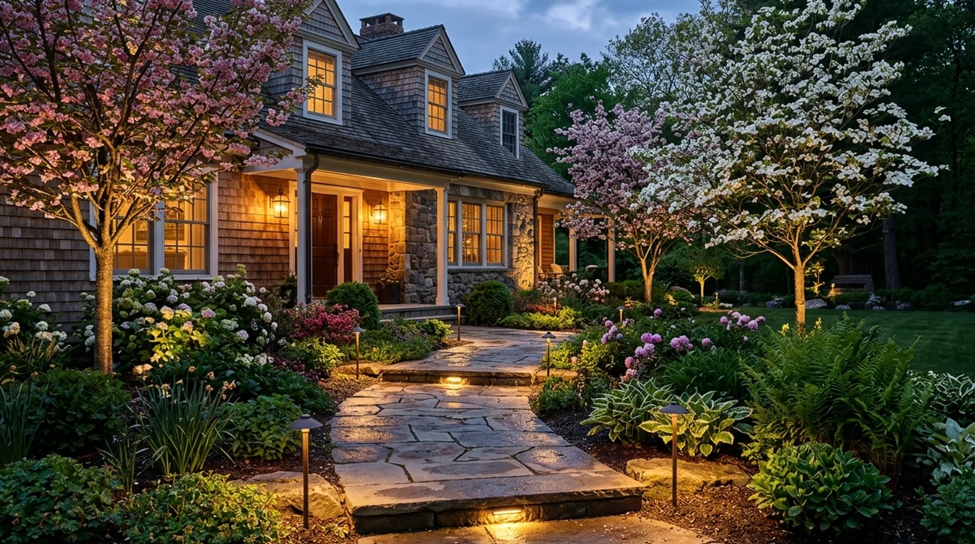 Subtle warm low-voltage landscape lighting illuminating a residential bluestone front walkway and garden bed at twilight