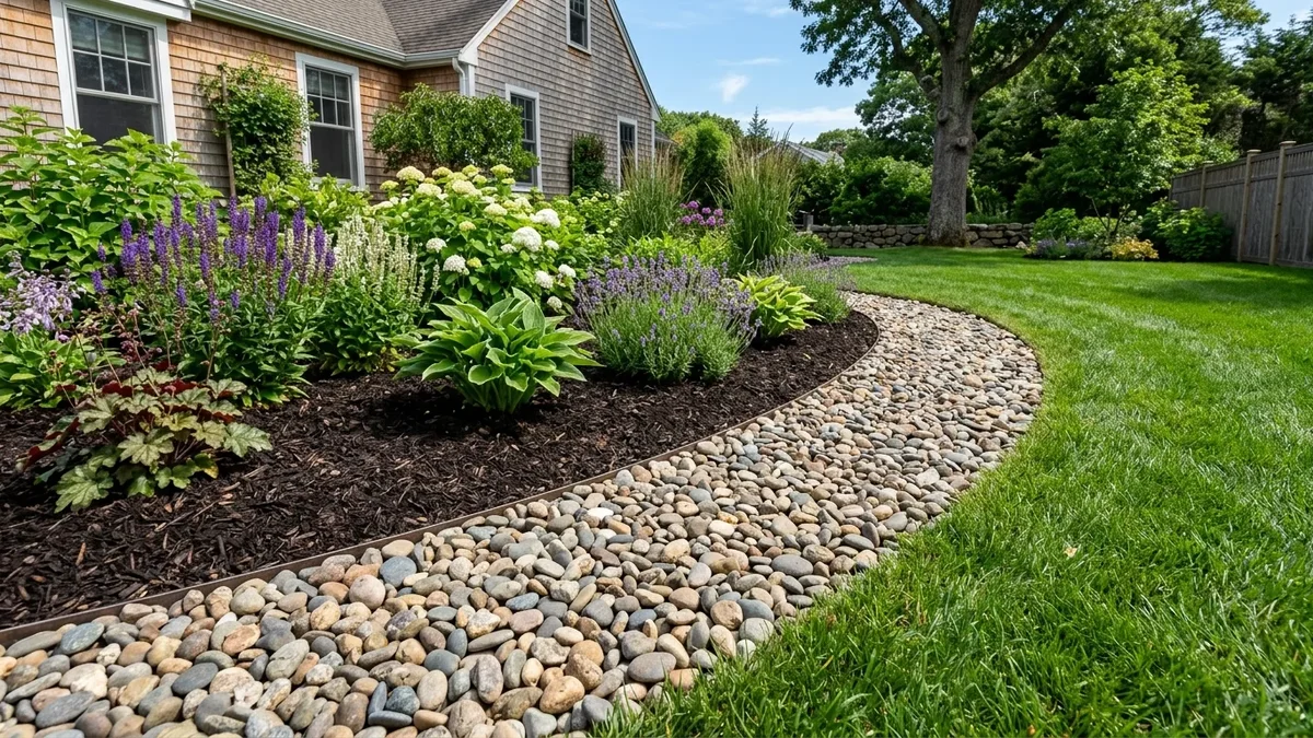 Transformed curb parking strip featuring low-water sedums, drought-hardy perennials, neat gravel stepping pads, and crisp stone edging