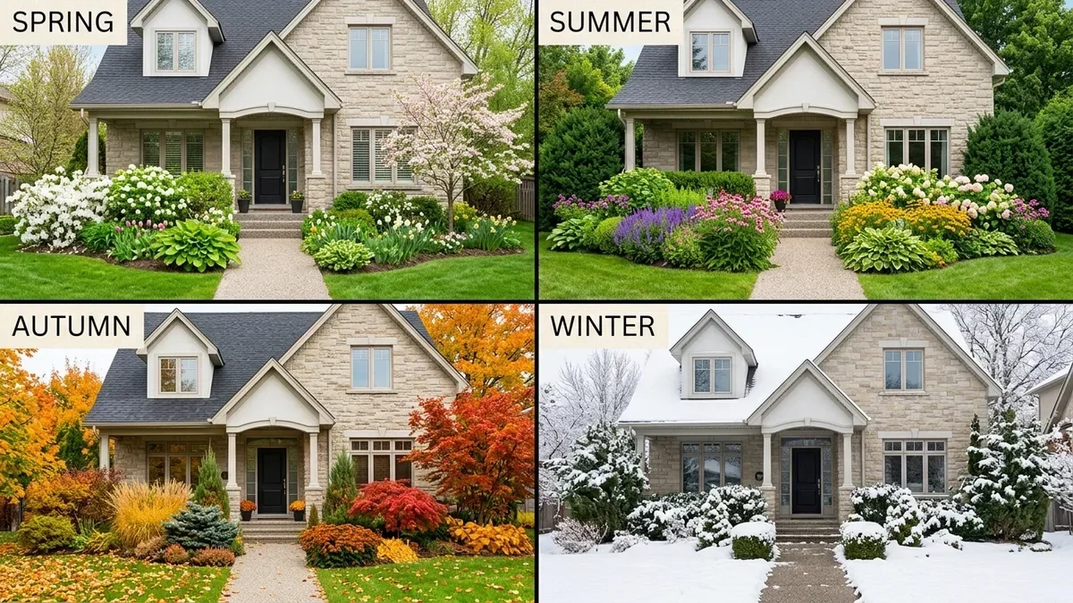 Layered drought-tolerant shrub border featuring variegated foliage, flowering accents, and structural evergreen forms in a water-wise yard