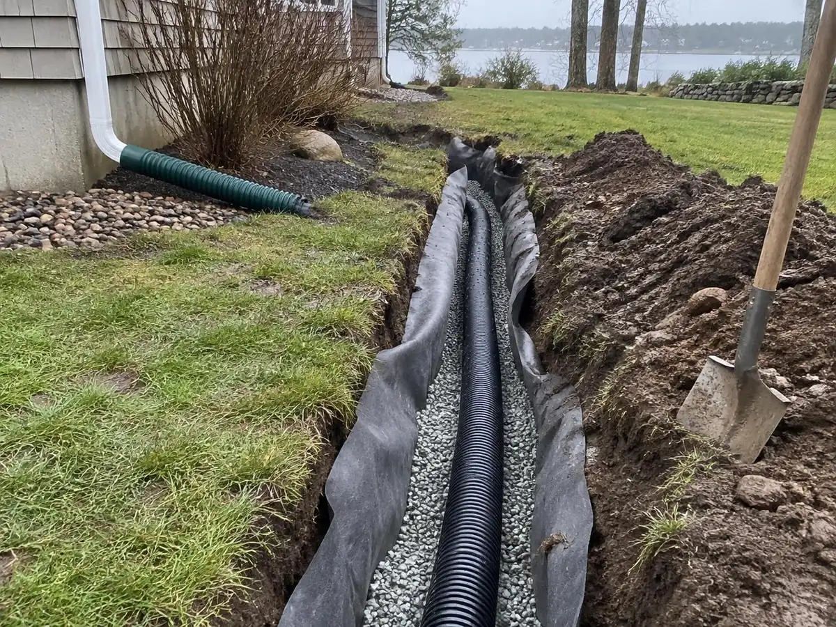 Gravel-filled French drain trench with perforated pipe being installed along a lawn edge