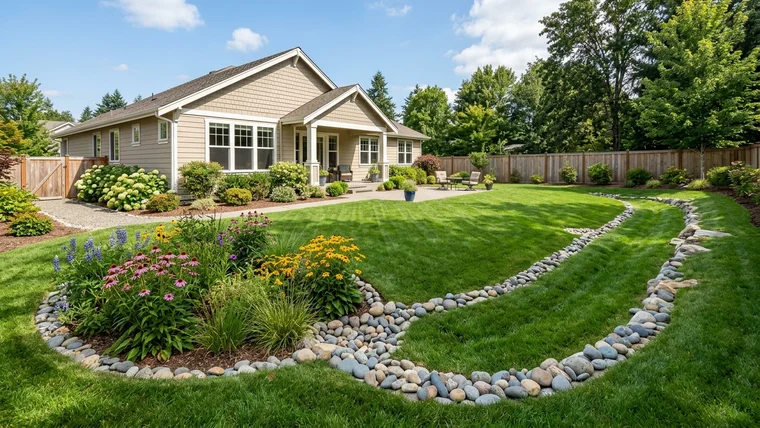 Suburban residential backyard with landscaped rock swale, rain garden, and healthy green lawn